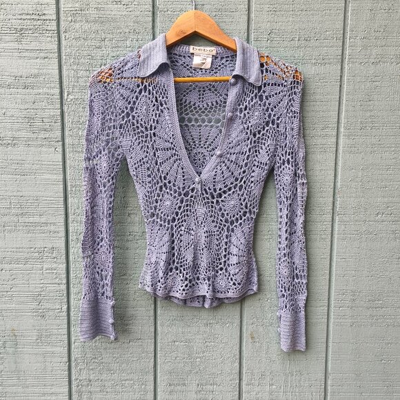 y2k Bebe Crochet Knit Fairy Boho Top sz S/M Blue Gray Festival Beach Whimsical - Picture 1 of 10